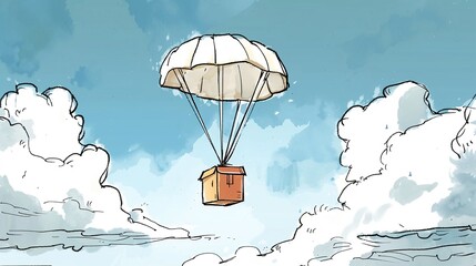 An exciting illustration of a package with a brown parcel cardboard box floating down with a parachute, emphasizing the convenience and reliability of online delivery services and global logistic netw