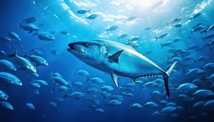 Obraz premium Groups of giant Tuna fish in the underwater, coral reef, amazing underwater life, various fish and exotic coral reefs, ocean wild creatures background