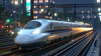 Fototapeta premium An impressive scene of a bullet train gliding above city streets on elevated tracks at twilight, demonstrating the harmony between technological advancement and urban development