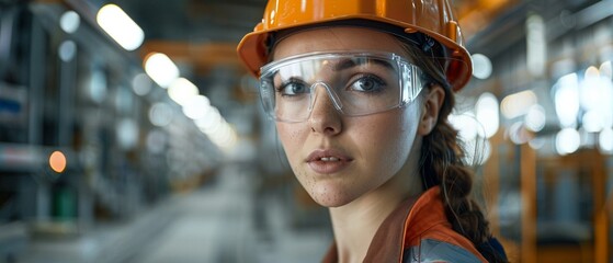 An inspiring image of a young woman engineer, dressed in safety gear, implementing safety protocols in a workshop to prevent accidents and ensure a safe working environment in factories 8K , high-reso
