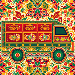vector seamless pattern of colorful Indian truck art, vibrant reds and yellows with green accents, roses and floral motifs, symmetrical design with repeating patterns