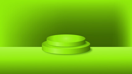 Green product background stand or podium pedestal on empty display with blank green backdrops