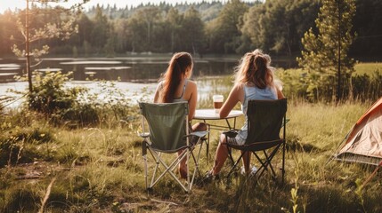Two female friends enjoying camping, Summer camping