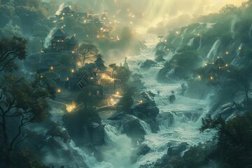 An image of a river flowing with light, powering a small village on its banks, illustrating hydroelectric power in a magical realism style