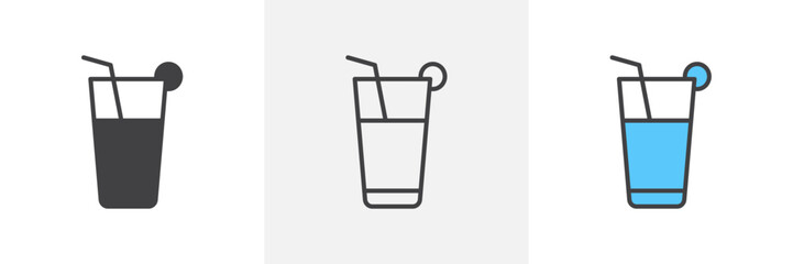 Refreshment Drink Icon Set. Beverage Vector Symbol. Cold Juice Glass Sign. Soft Drink Emblem.