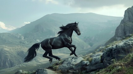  Regal black horse prancing gracefully in a vibrant green meadow with a serene blue waterway meandering nearby. 
