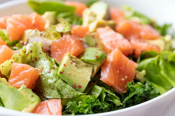 Healthy salad with avocado and fresh salmon. A delicious and healthy option for a light meal.