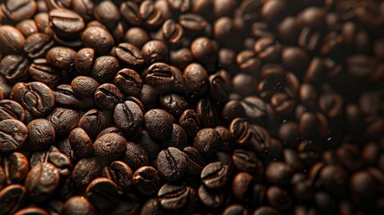 Fototapeta premium Coffee beans in close-up. The texture of the coffee. Production of natural coffee. Roasted grains, aroma, morning drink.