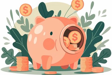 Design a minimalist illustration of a piggy bank overflowing with coins, symbolizing the concept of saving and financial abundance