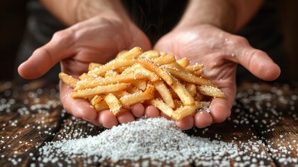 Person holding salty French fries, a staple food in fast food cuisine