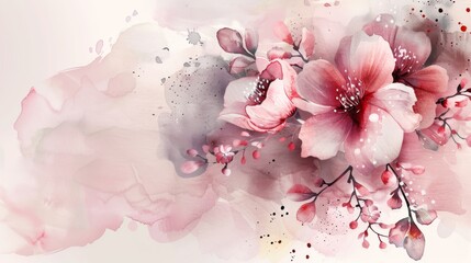 Watercolor painting of pink flowers with a pink background. The flowers are arranged in a way that they look like they are growing out of a branch.