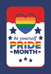 LGBT Pride Month in June. Lesbian Gay Bisexual Transgender. Celebrated annual. LGBT flag. Rainbow love concept. Human rights and tolerance. Poster, card, banner and background. Vector illustration