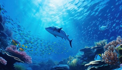 Groups of giant Tuna fish in the underwater, coral reef, amazing underwater life, various fish and exotic coral reefs, ocean wild creatures background