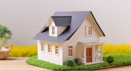 miniature paper house or house model, family house, happy family, eco friendly family new home, property insurance investment and real estate concept with copy space