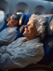 Gleeful Elderly Passenger Enjoying Airplane Flight