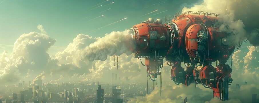 An imaginative depiction of a giant vacuum cleaner sucking smog out of the sky, operated by futuristic robots