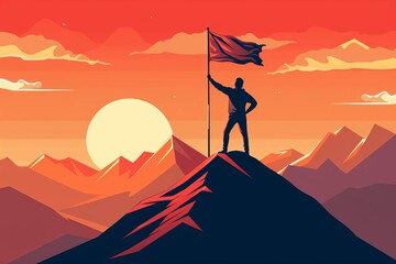 Enthusiastic graphic of a person standing atop a mountain with a flag, smiling broadly, symbolizing the achievement of a challenging goal, set against a bright sunrise