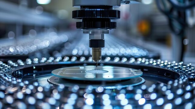 Showcase a semiconductor fabrication facility, where tiny transistors and diodes are etched onto silicon wafers using precision manufacturing techniques