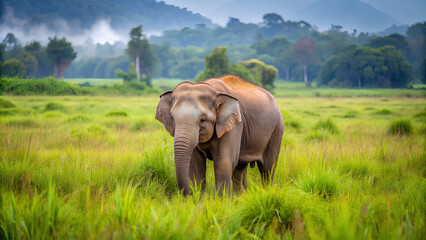 Fototapeta premium Young wild elephant grazing in the middle of the grassland, Thailand-2