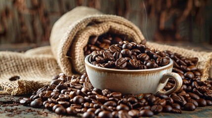 Fototapeta premium A cup of fragrant coffee is on the table. Coffee beans are scattered around. Morning drink, cozy atmosphere.