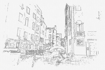 Pencil srawing skecth picture landscape view of Venice landmark of Italy.