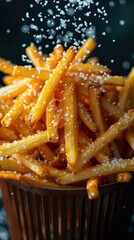 Fast food staple, French fries, served on a wooden cutting board