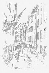 Pencil srawing skecth picture landscape view of Venice landmark of Italy.