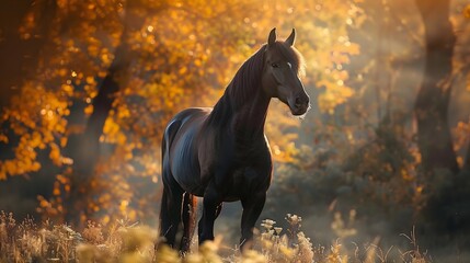  Regal black horse prancing gracefully in a vibrant green meadow with a serene blue waterway meandering nearby. 
