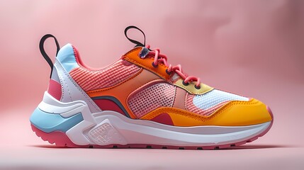 A trendy and modern athletic shoe mockup on a solid pink background, showcasing its colorful accents and lightweight design, all presented in HD to convey its sporty and energetic style