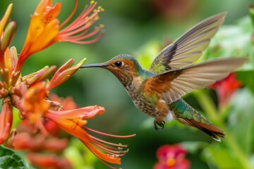 Fototapeta premium A close-up of a vibrant hummingbird feeding on nectar from a tropical flower