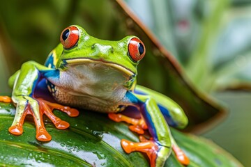 Fototapeta premium A close-up of a vibrant tree frog clinging to a leaf