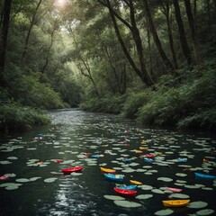 A tranquil river winding through a lush forest, with images of missing children floating on paper boats, reminding us to keep their memory alive.
