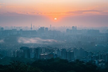 Obraz premium A hazy sunrise over the city, a scene of tranquility