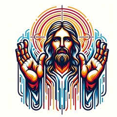 A colorful illustration of a jesus christ with his hands up image photo photo photo harmony illustrator.