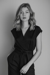 Fototapeta premium B&W minimalist elegance with a blonde caucasian female model. Woman poses in a sleek and modern setting, dressed in monochrome separates, clean lines, embodying timeless sophistication and simplicity