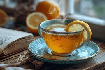 A steaming cup of tea with a slice of lemon on a saucer with a book lying open beside it. - Powered by Adobe