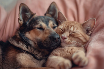 a happy dog ​​and cat cuddling together on pink background