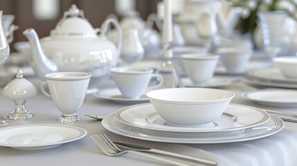 A table set with white dishes, silverware, and a teapot.