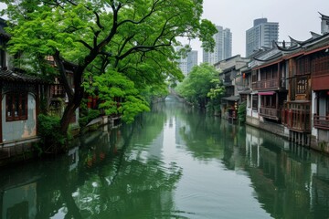 Obraz premium A peaceful river winding through the heart of the waking city