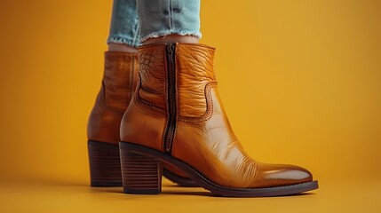 A vintage-inspired and retro ankle boot mockup on a solid yellow background, showcasing its distressed finish and stacked heel, all presented in HD to evoke a sense of nostalgia and classic style