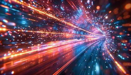 3d illustration of moving fast fast fast through tunnel with glowing particles.