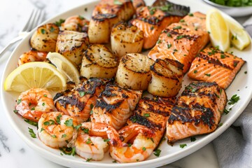 A platter of grilled seafood including shrimp, scallops, and salmon, served with lemon wedges