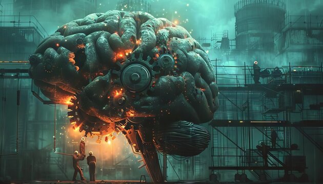 An innovative portrayal of a brain undergoing maintenance, with gears being tuned by shadowy figures