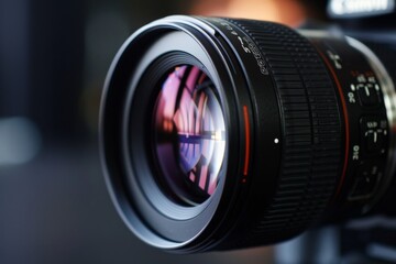 A professional camera lens captured in sharp focus