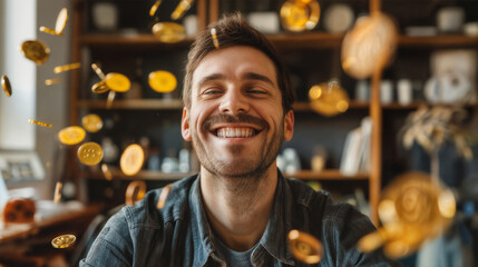 Obraz premium A happy man with gold coins flying around him sits in a room. Rain of coins. Good luck in business or winning the lottery.