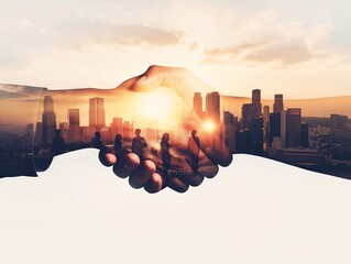 Double exposure image showing a handshake superimposed with a city skyline and silhouettes.