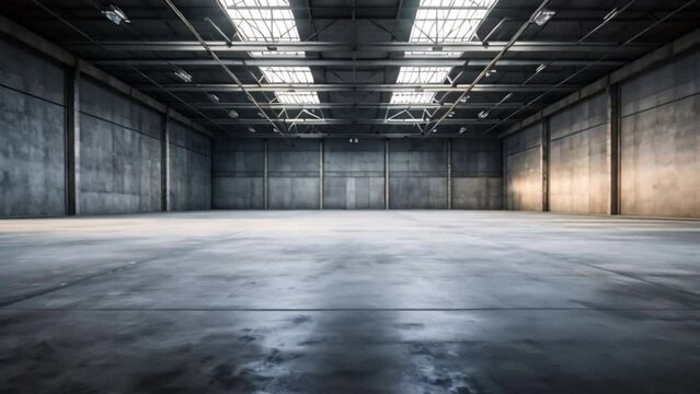 Concrete floor inside industrial building. Use as large factory, warehouse, storehouse, hangar or plant. 
