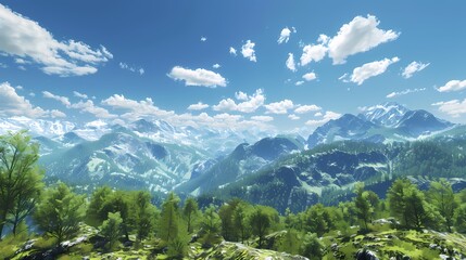 An expansive mountain range stretching across the horizon, adorned with a blanket of lush trees that cascade down the slopes, creating a picturesque vista under the clear blue sky