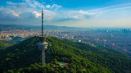 Obraz premium Aerial View of a Tower Nestled in Lush Greenery Overlooking a Cityscape. Urban and Natural Harmony. Perfect for Travel and Technology Themes. AI