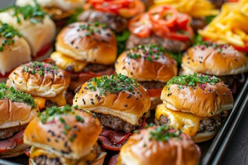 tray of gourmet sliders with a variety of toppings, perfect for a party